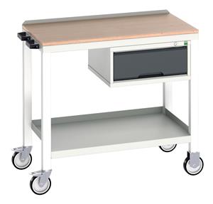 verso mobile welded bench with 1 drawer cab & mpx top. WxDxH: 1000x600x930mm. RAL 7035/5010 or selected Verso Mobile Work Benches for assembly and production